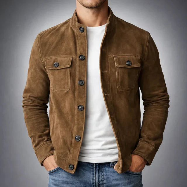 Veste col montant poches poitrine boutonnée marron pour homme