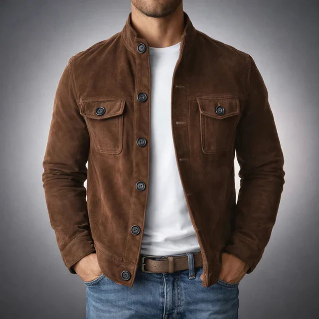 Veste col montant poches poitrine boutonnée marron foncé pour homme