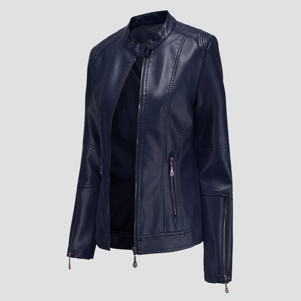 Veste col montant zippée détails épaules bleu marine pour femme