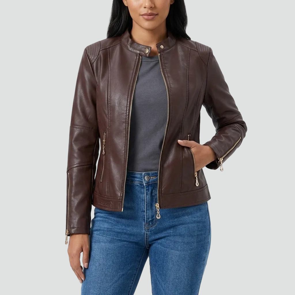 Veste col montant zippée détails épaules marron pour femme