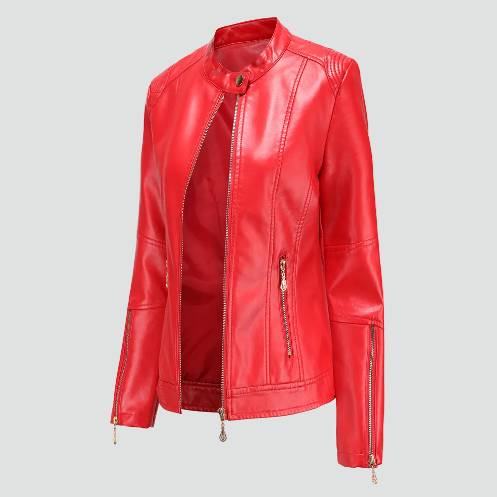 Veste col montant zippée détails épaules rouge pour femme