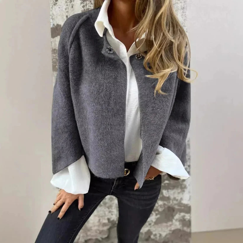 Veste courte boutonnée col contrastant gris pour femme