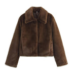 Veste courte fausse fourrure col classique marron foncé pour femme