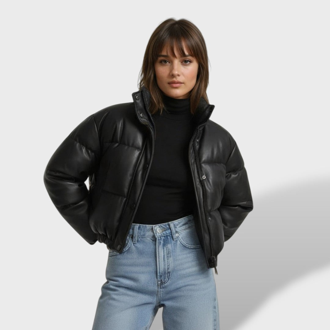 Veste courte matelassée col montant noir pour femme