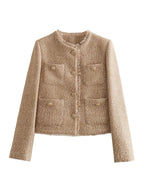 Veste courte tweed sans col poches plaquées pour femme – vue 3