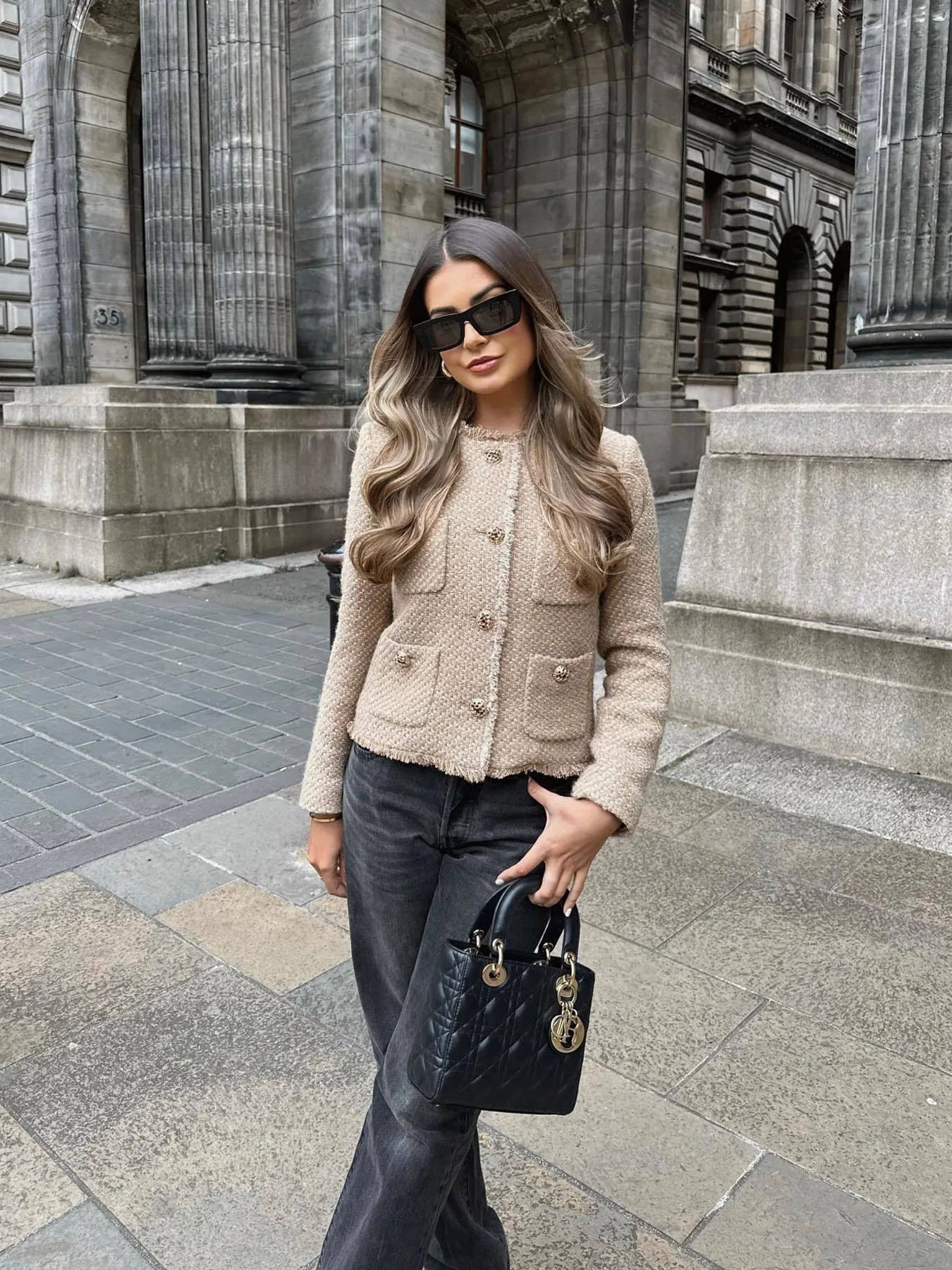 Veste courte tweed sans col poches plaquées pour femme – vue 4