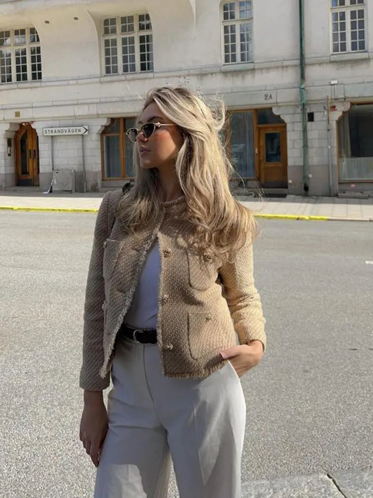 Veste courte tweed sans col poches plaquées kaki pour femme