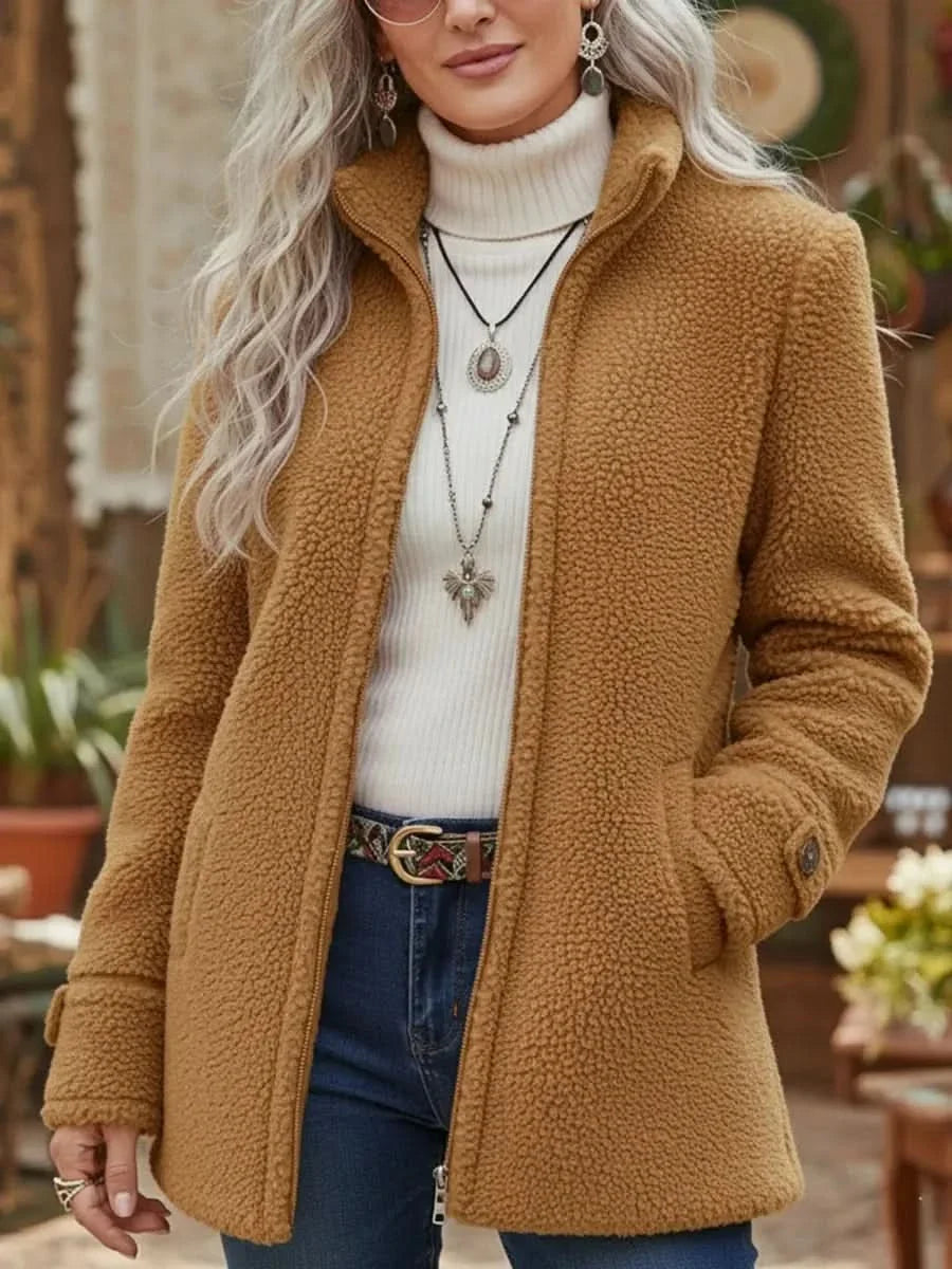 Veste effet teddy col montant zippée camel pour femme
