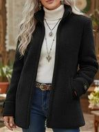 Veste effet teddy col montant zippée noir pour femme