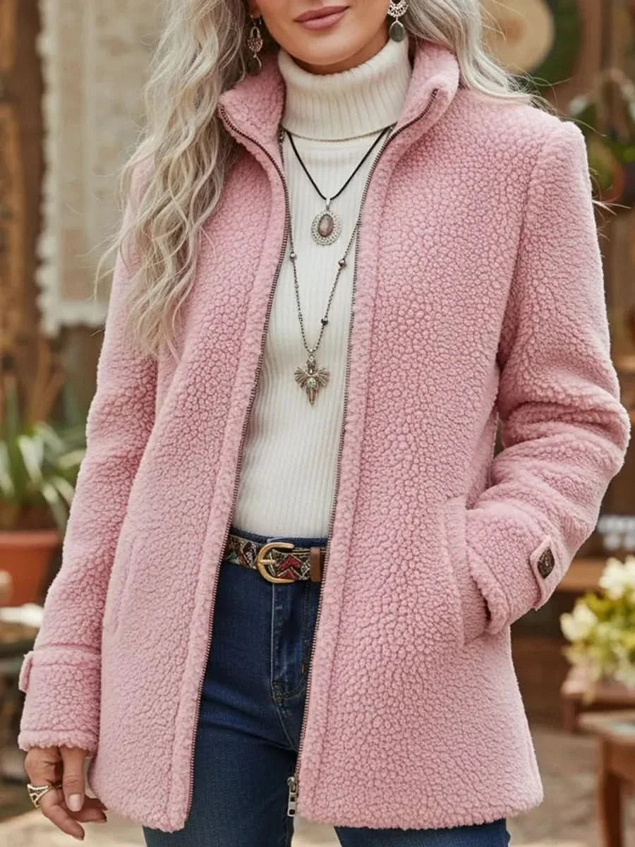 Veste effet teddy col montant zippée rose pour femme