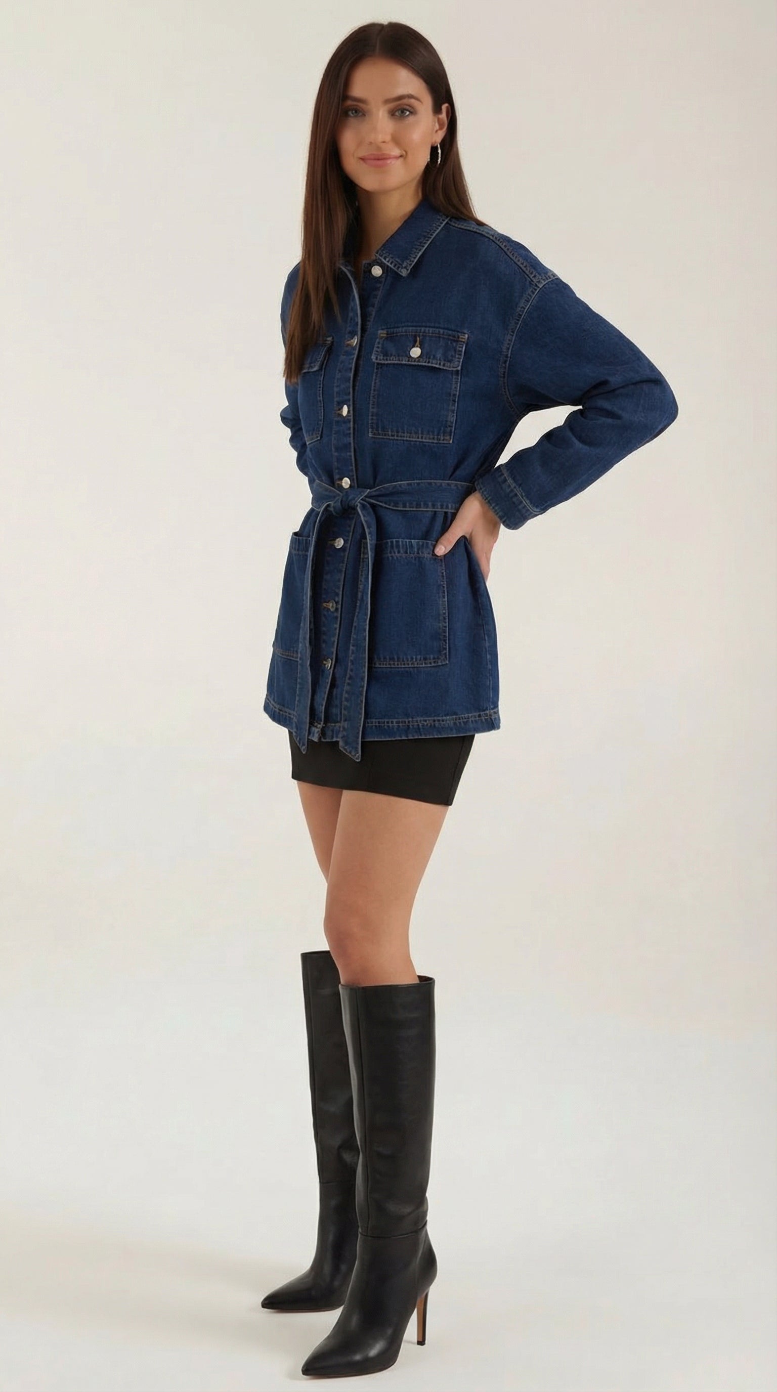 Veste en jean ceinturée avec poches pour femme