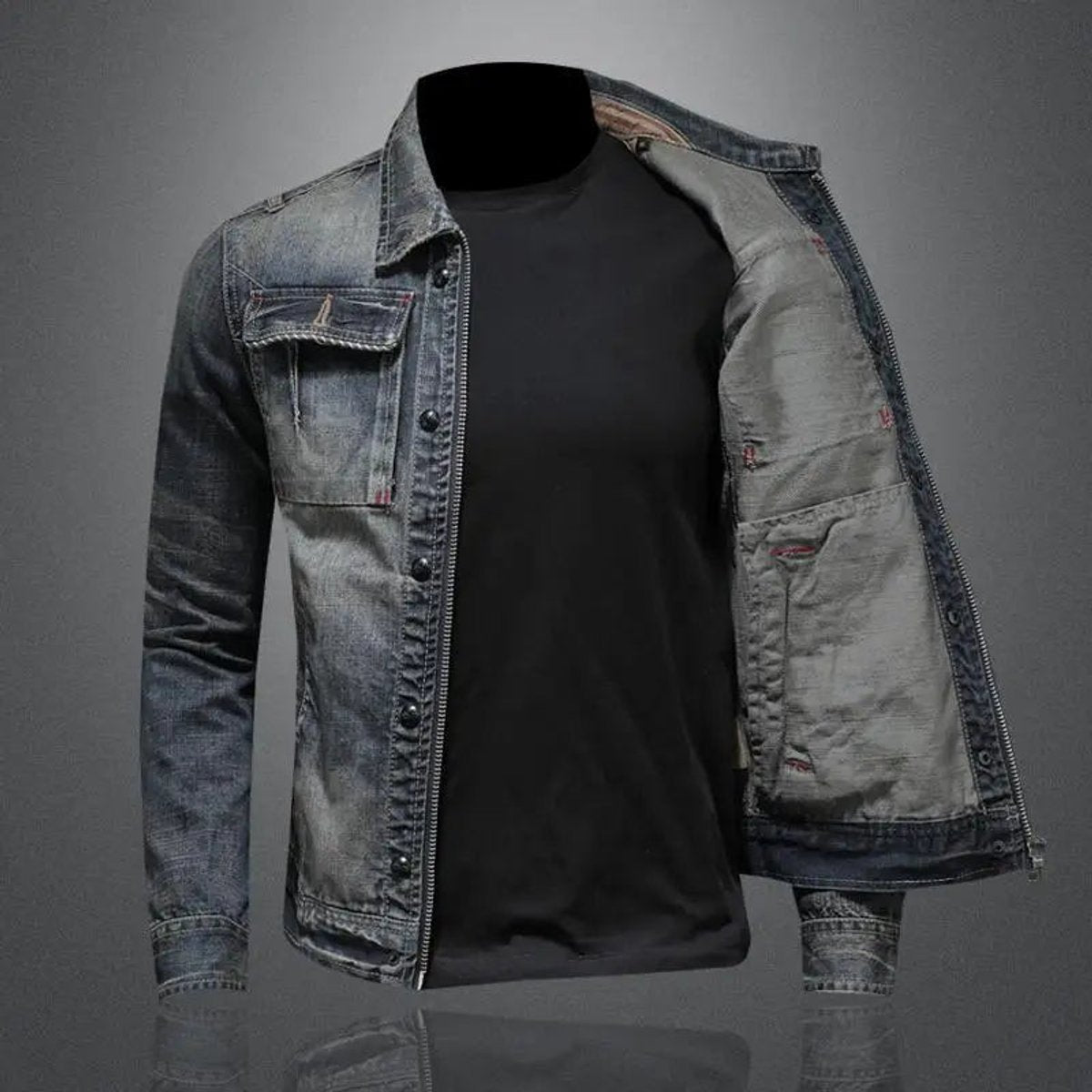 Veste jean délavé zip poches poitrine pour homme