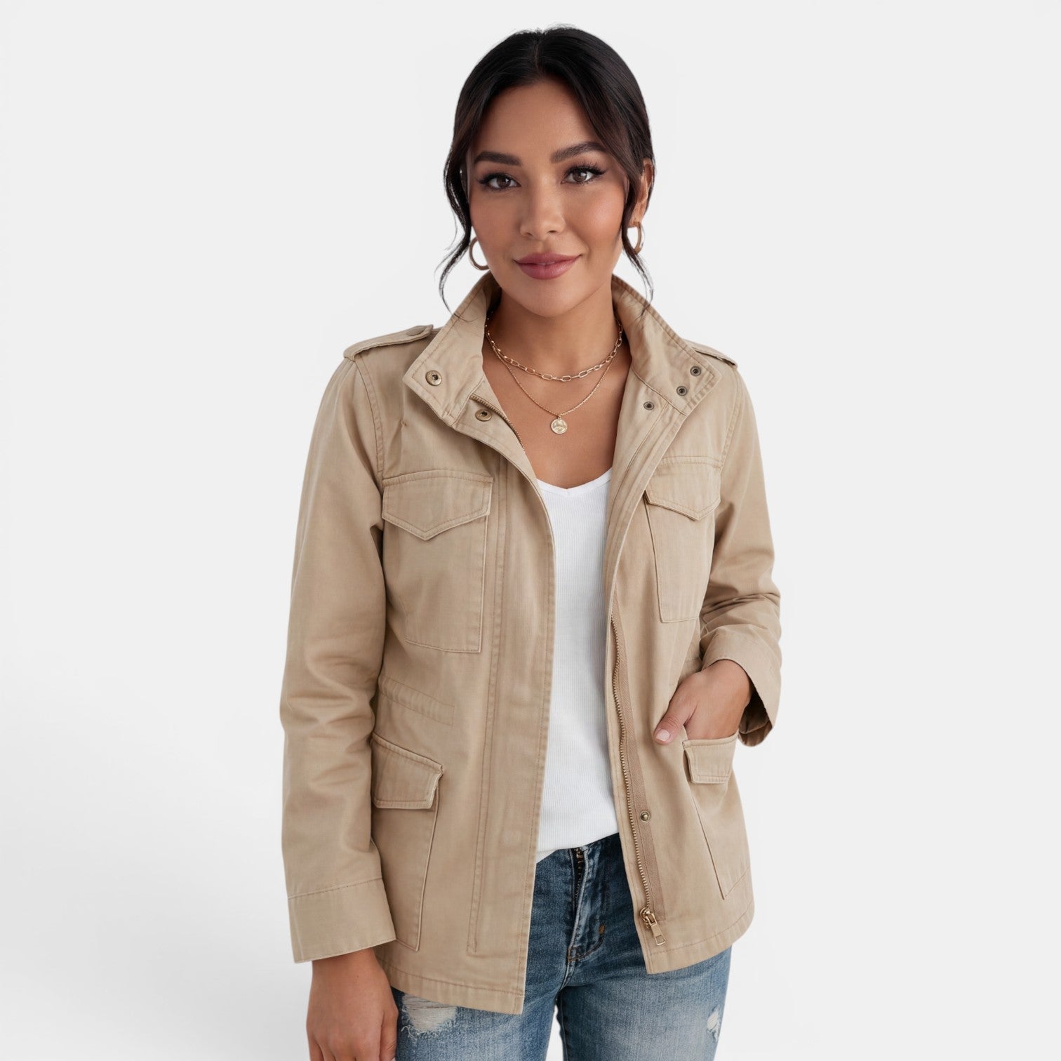 Veste légère col cranté avec poches beige pour femme