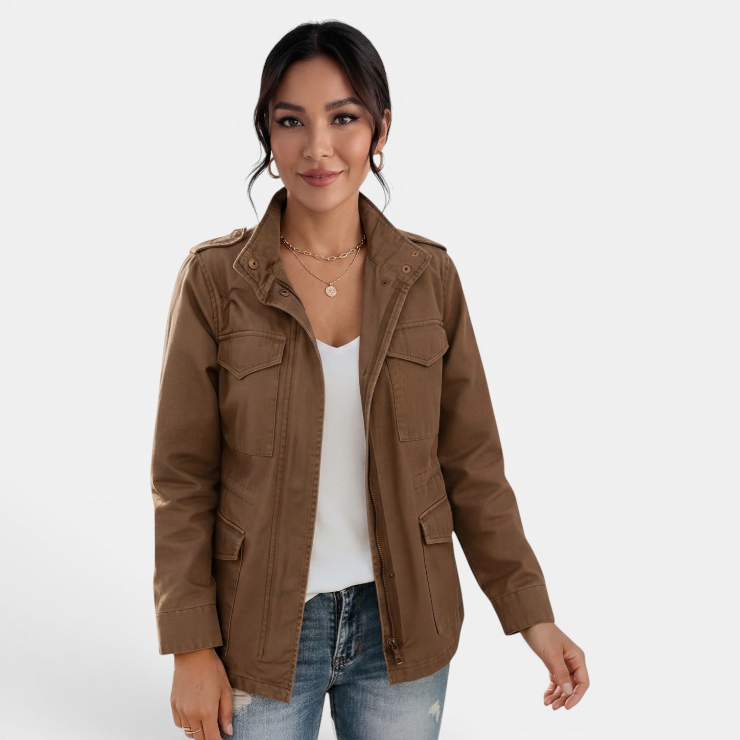 Veste légère col cranté avec poches marron pour femme
