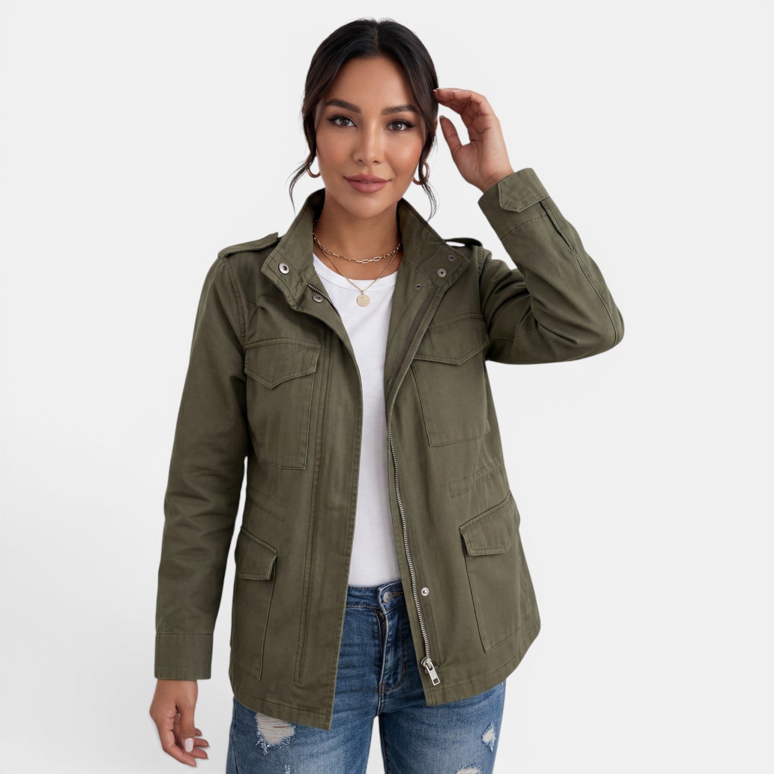 Veste légère col cranté avec poches vert pour femme