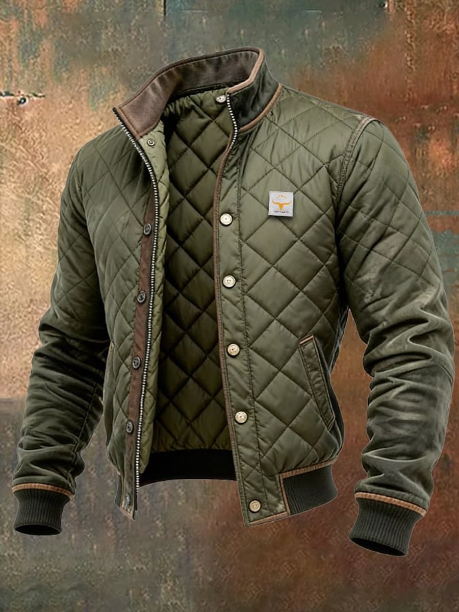 Veste bomber matelassée col montant à pressions vert pour homme