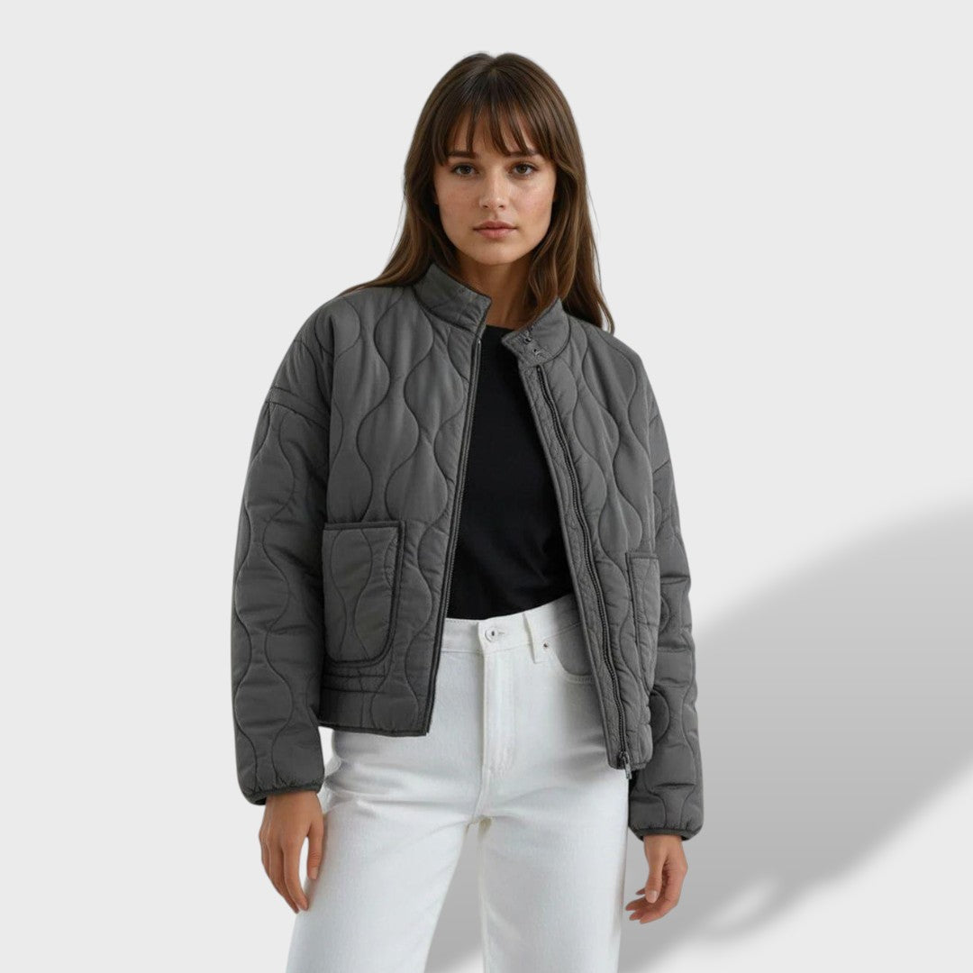 Veste matelassée courte col montant gris pour femme