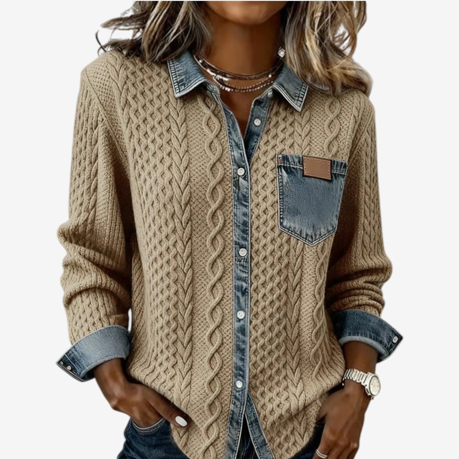 Veste tressée détails contrastés beige pour femme