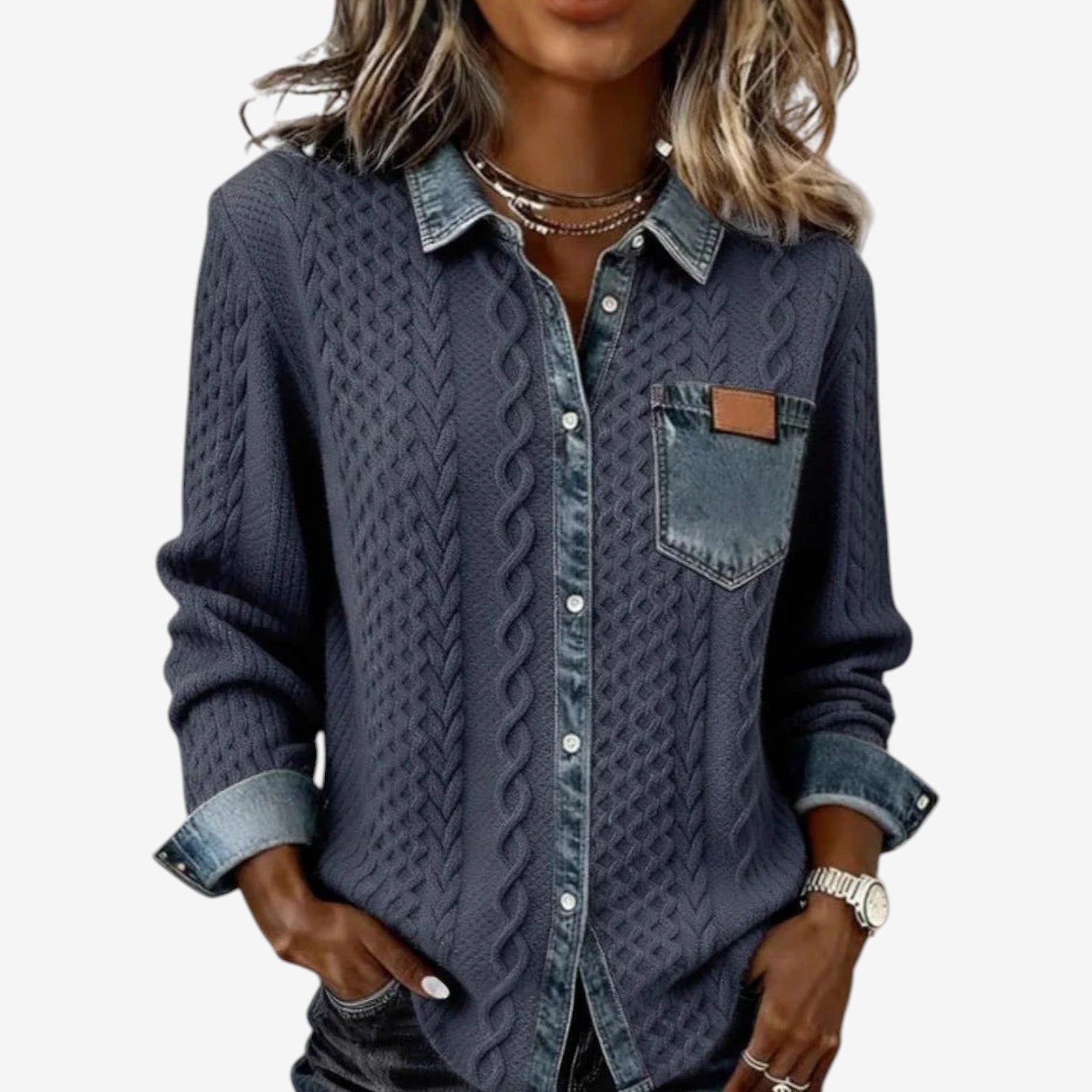 Veste tressée détails contrastés bleu foncé pour femme