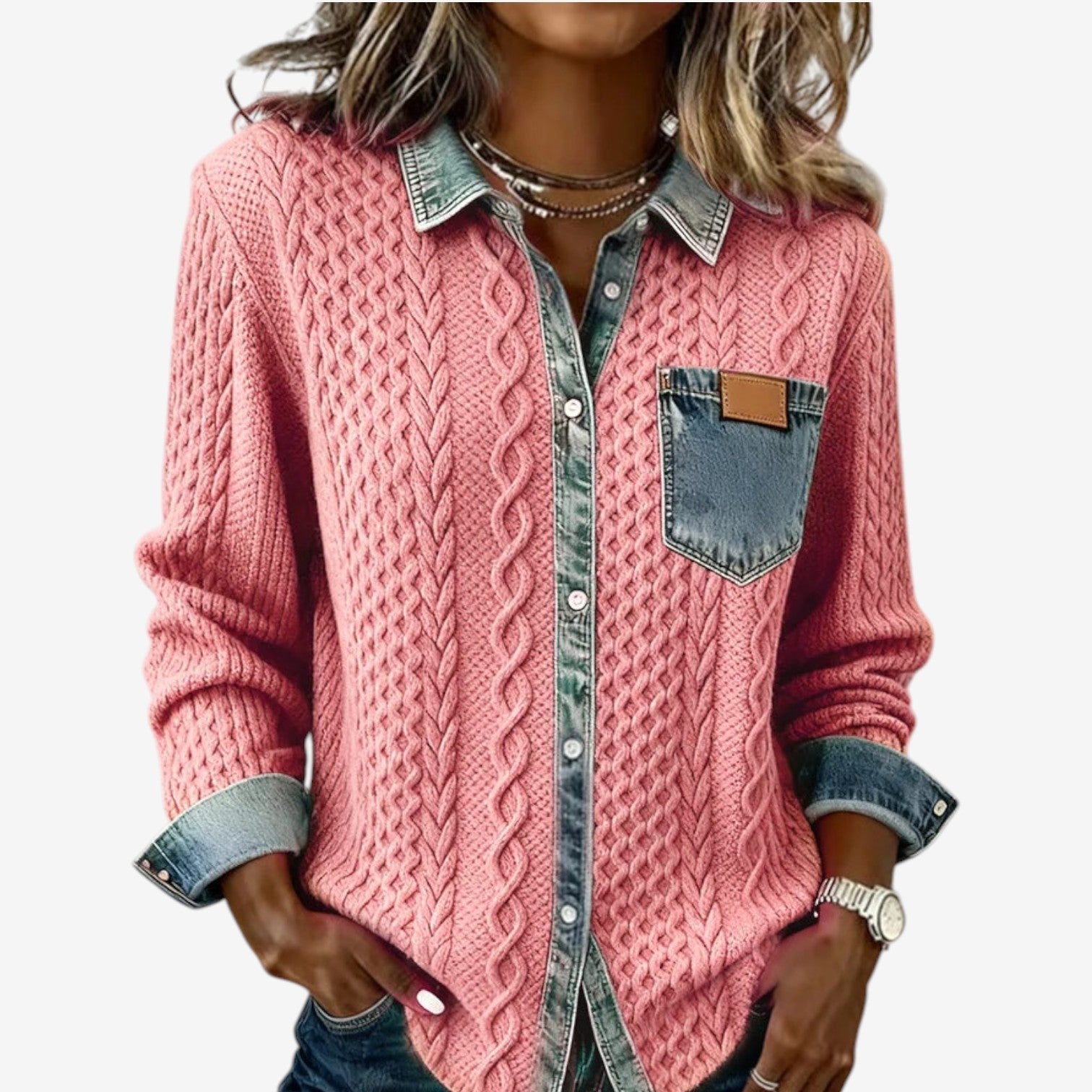 Veste tressée détails contrastés rose pour femme