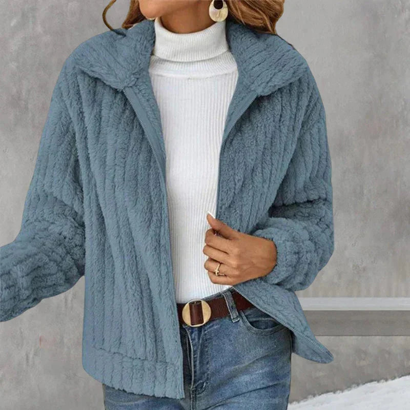 Veste zippée douce col montant bleu pour femme