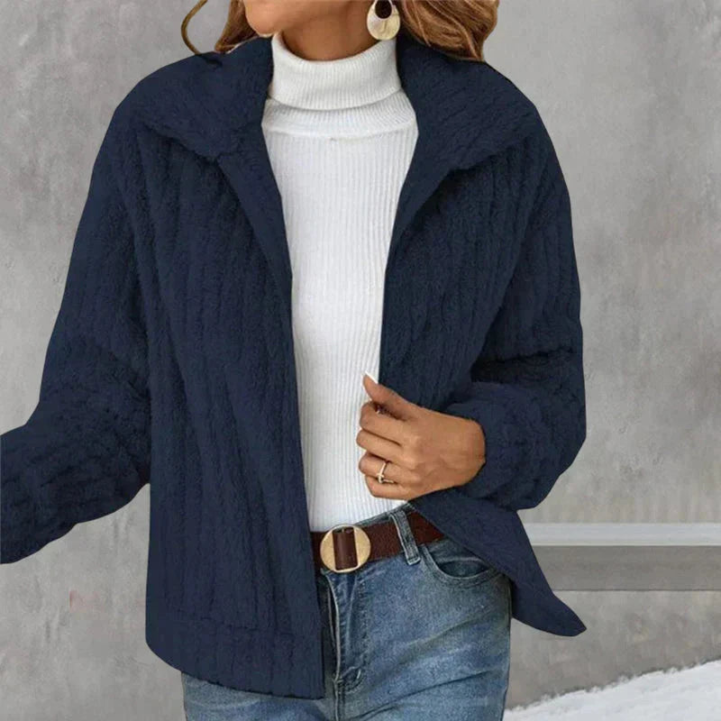 Veste zippée douce col montant bleu marine pour femme