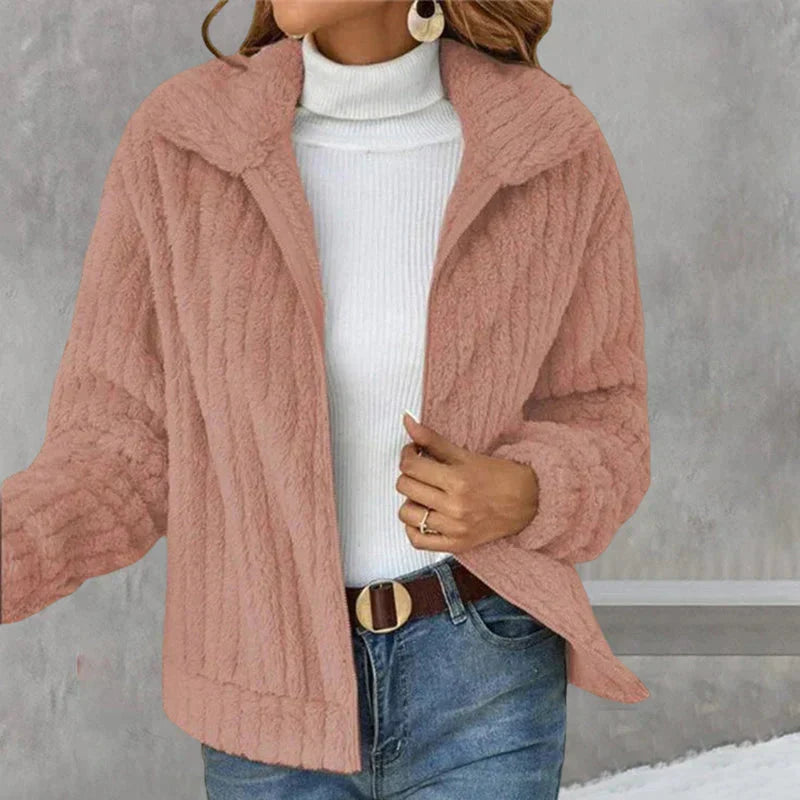 Veste zippée douce col montant rose pour femme