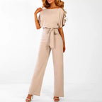 Ensemble deux pièces femme haut manches courtes et pantalon large ceinturé