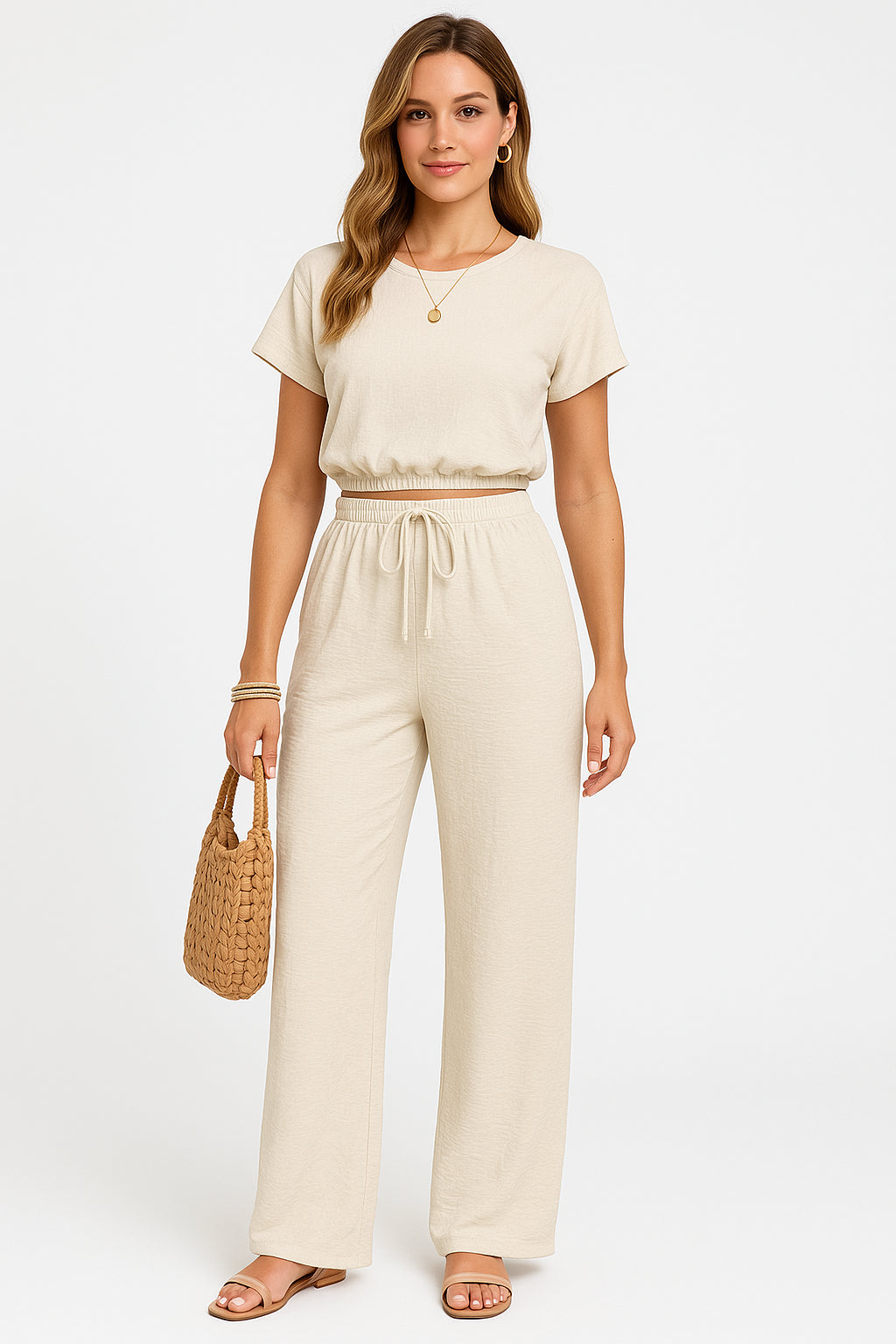 Femme portant l'ensemble crop top et pantalon large coordonné, vue de face