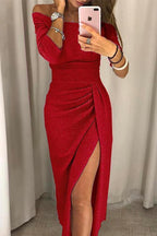 Robe longue portefeuille à paillettes et épaules dénudées pour femme