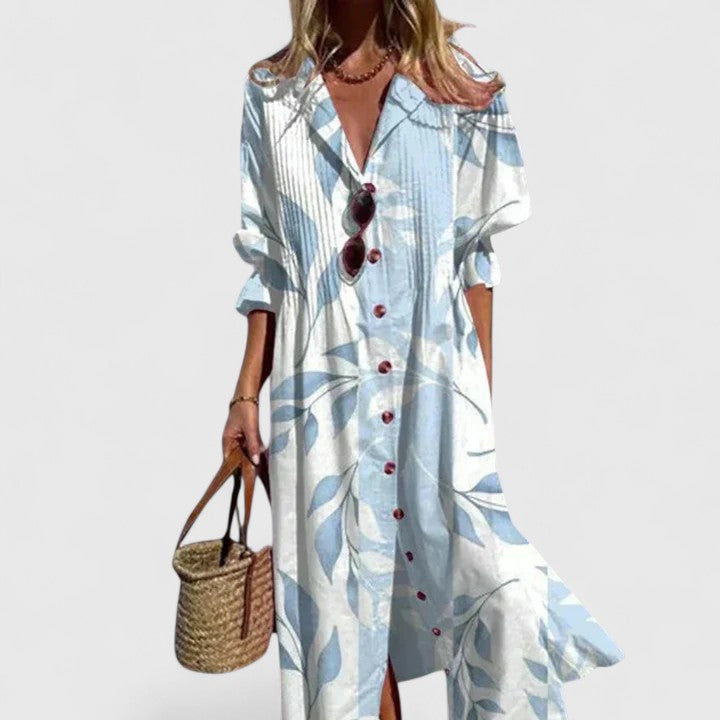 Robe chemise maxi imprimé botanique bleu et blanc, vue de face