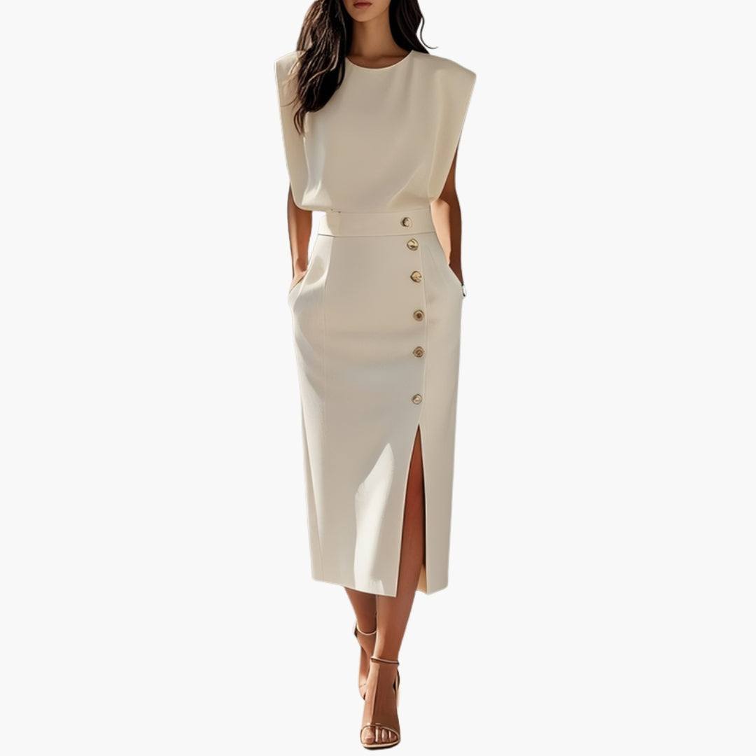Robe midi sans manches vue de face, boutonnage frontal et fente avant