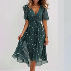 Robe midi portefeuille en mousseline verte à imprimé floral blanc, vue de face