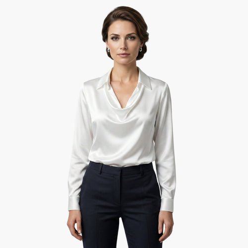 Blouse Satinée à Col Châle et Col Classique pour Femme