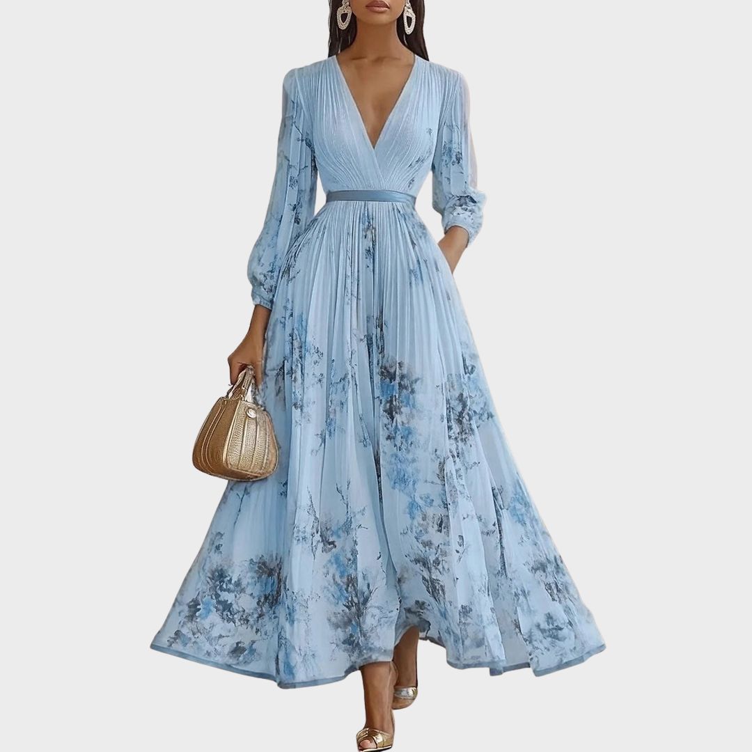 Robe maxi plissée col V imprimé floral bleu, vue de face
