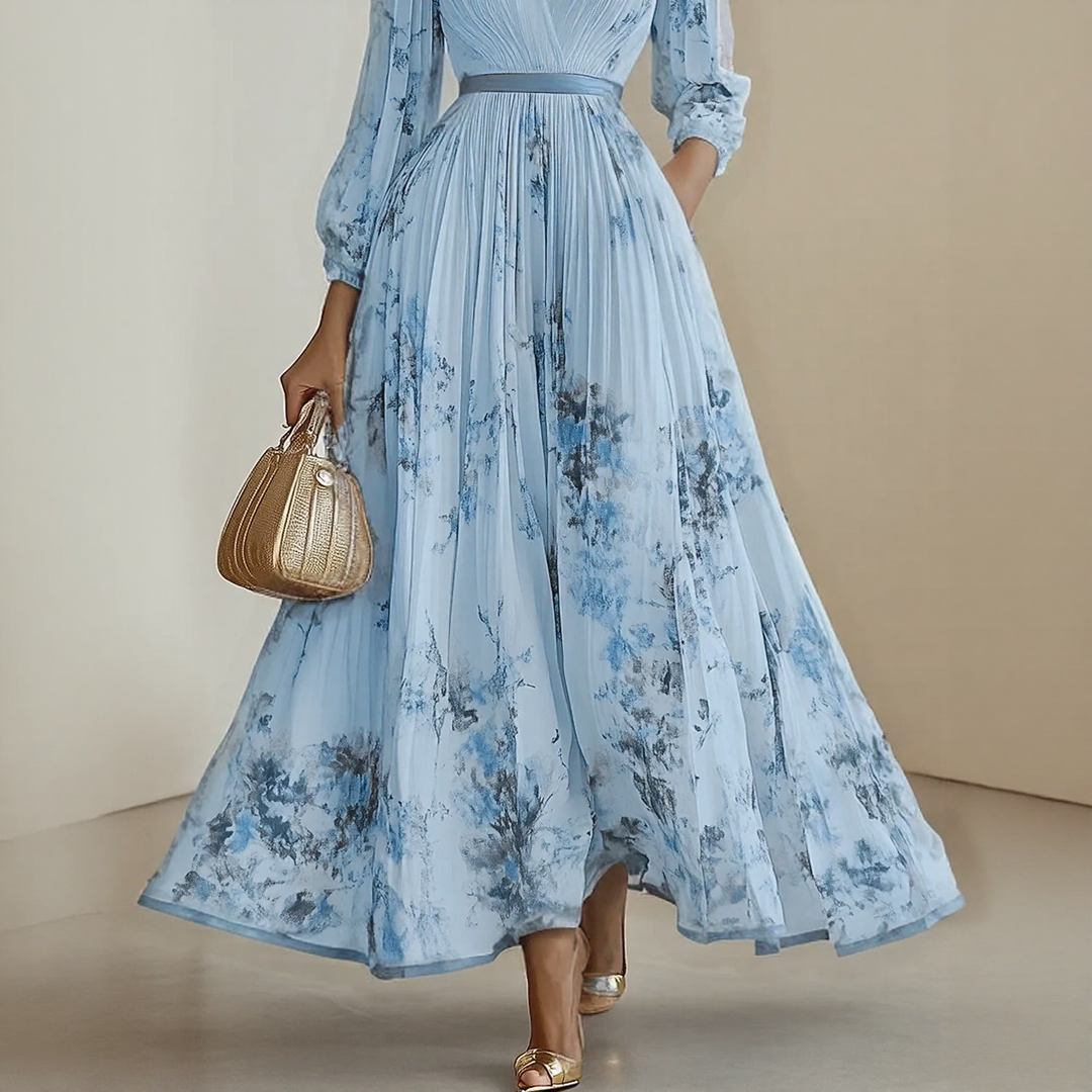 Robe longue floral, port de la ceinture ruban