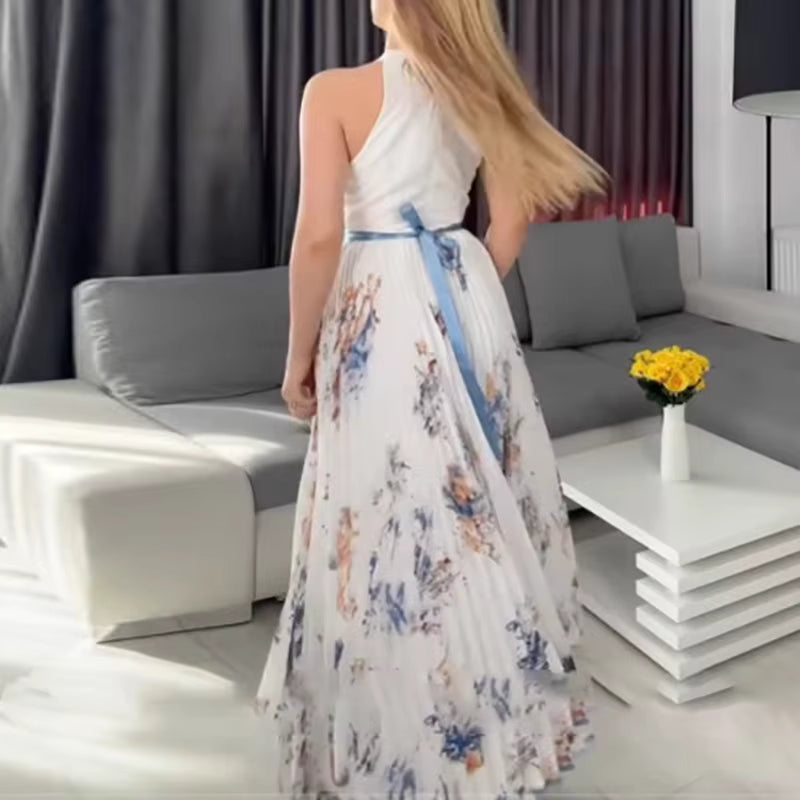 Robe maxi imprimée, détail du col V et neckline