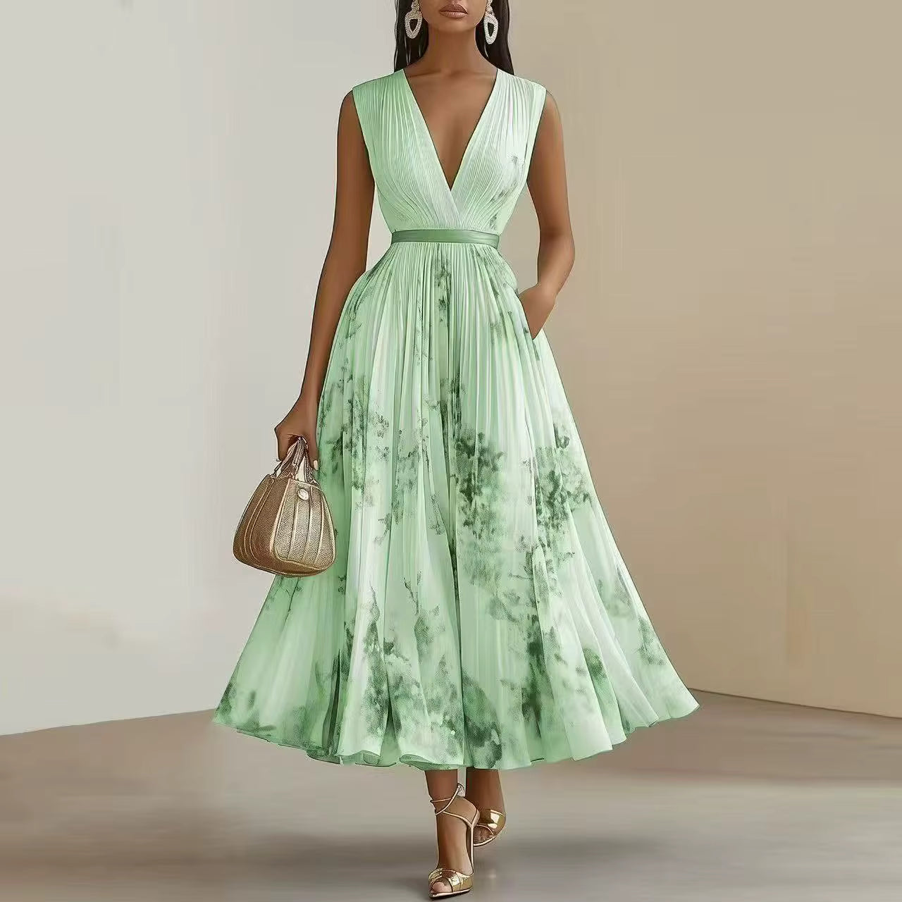Robe maxi plissée, détail de la ceinture ruban à la taille