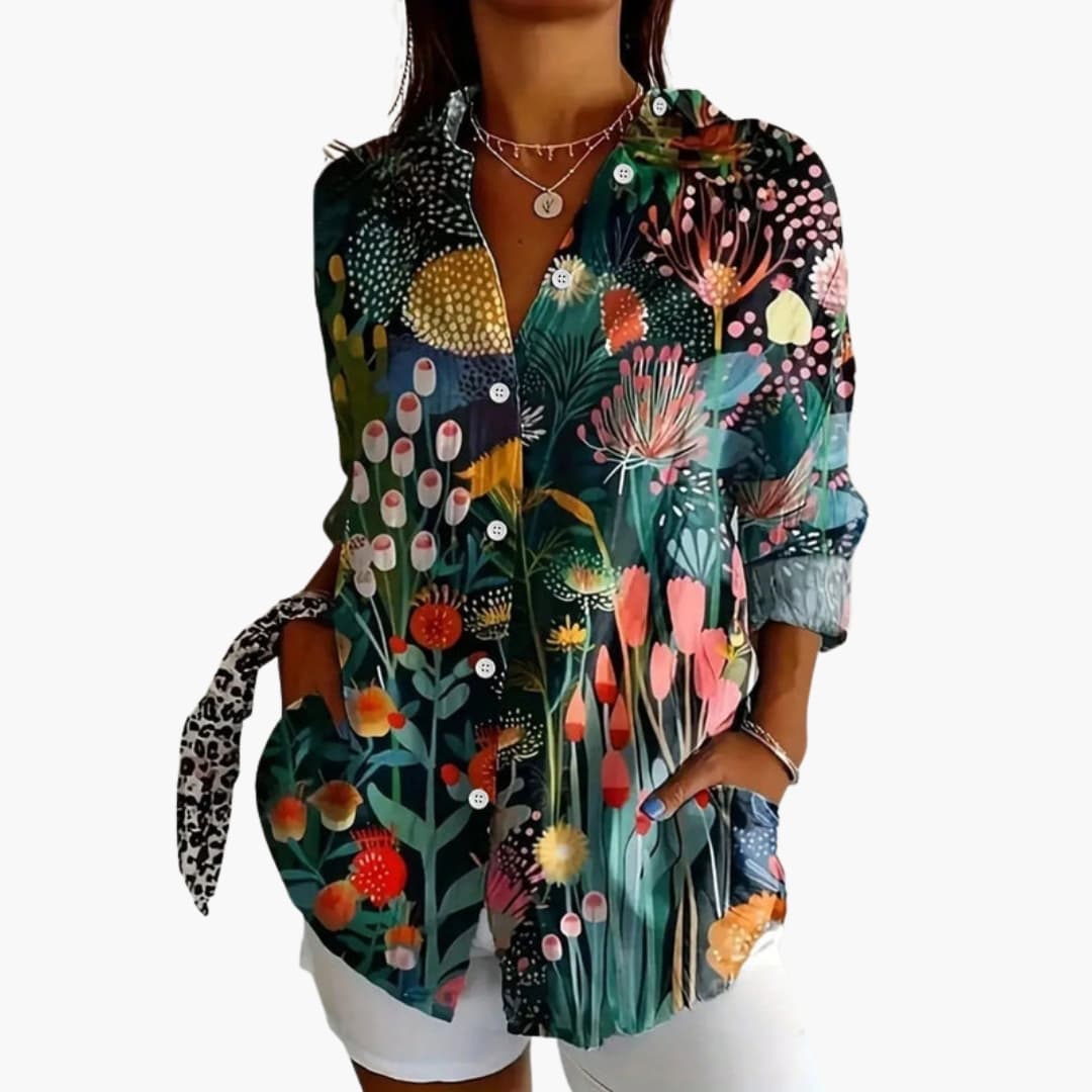 Vue de dos de la blouse à imprimé abstrait manches longues