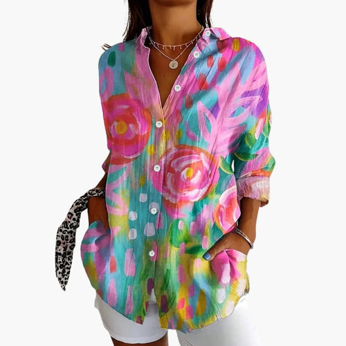 Blouse femme à imprimé abstrait multicolore manches longues, vue de face