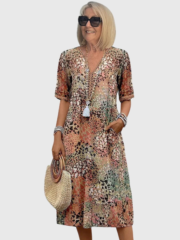 Robe midi florale multicolore col V vue de face