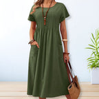 Robe midi femme manches courtes avec détails plissés, vue de face