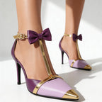 Escarpin satin violet porté, vue de face montrant le bout pointu