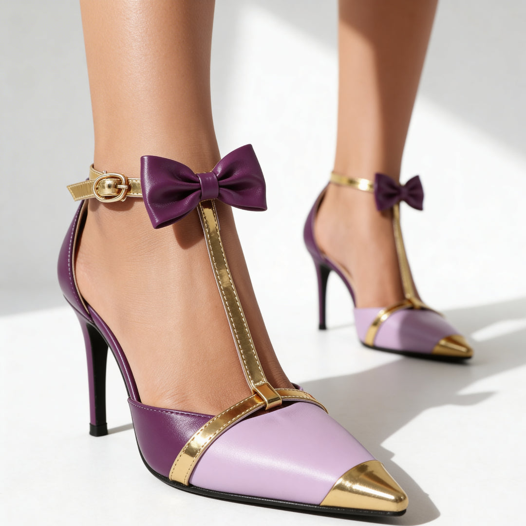 Escarpin satin violet porté, vue de face montrant le bout pointu