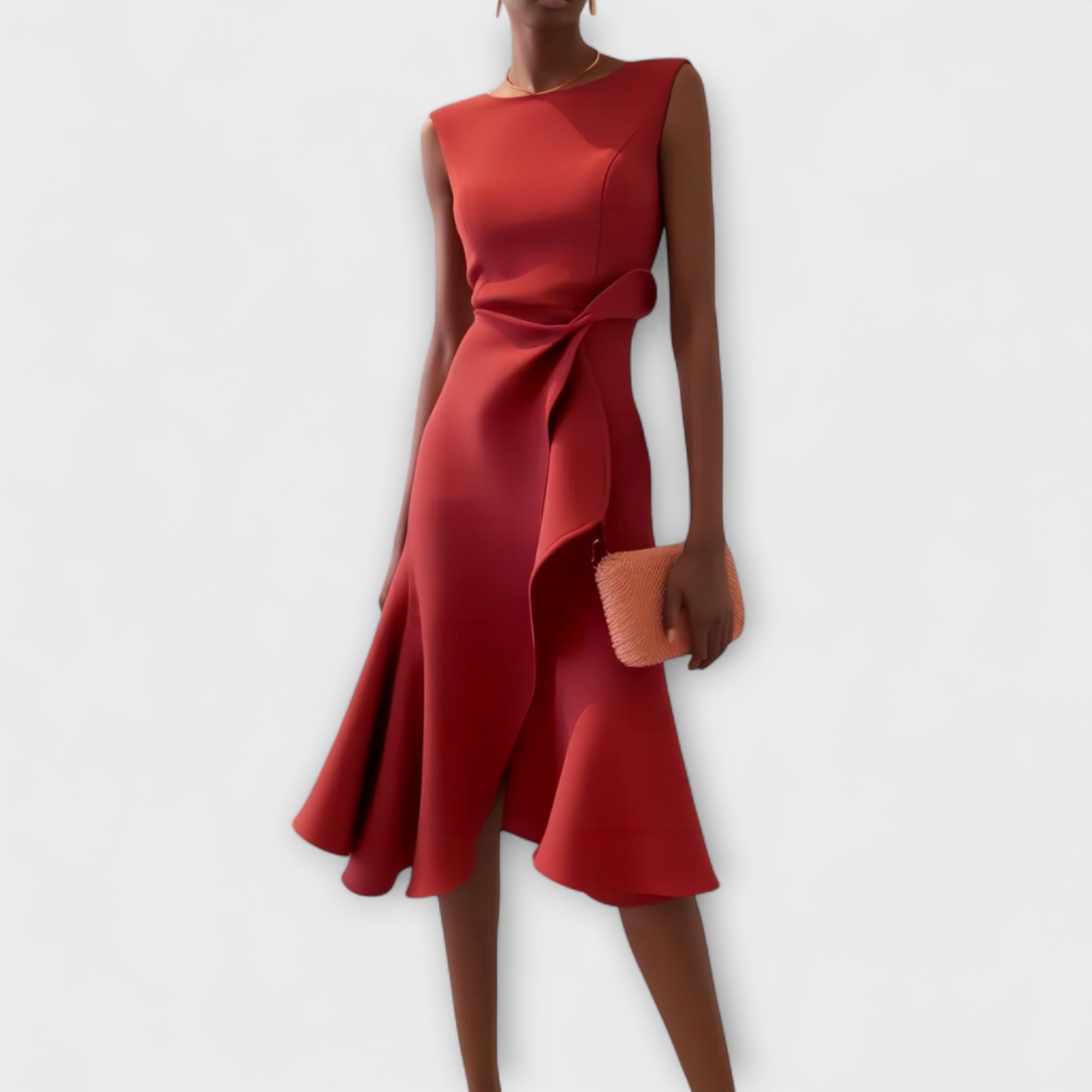Robe mi-longue sans manches avec drapé asymétrique, vue de face