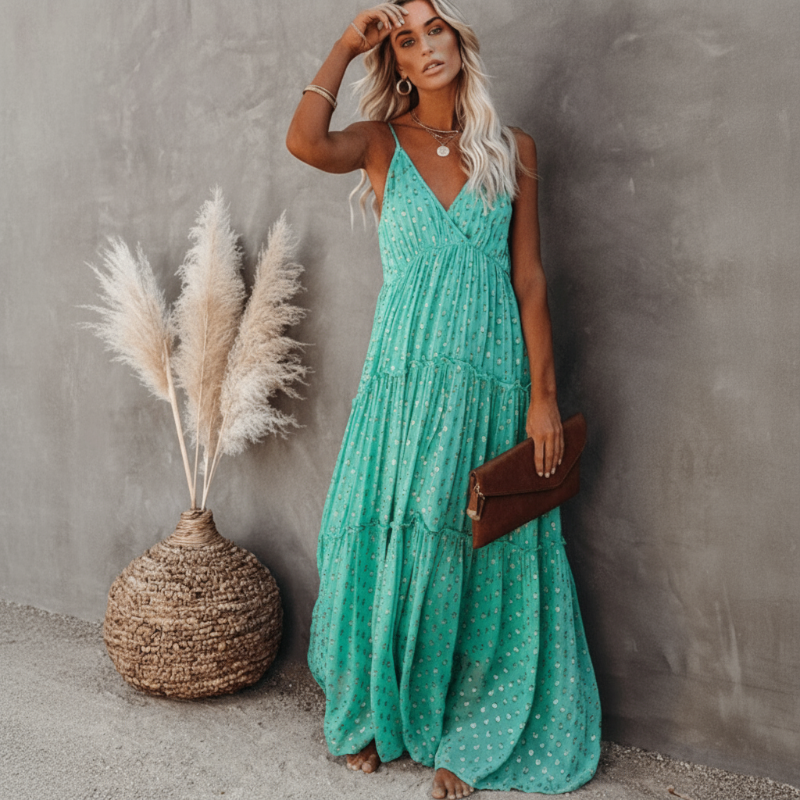 Femme portant une robe maxi évasée à pois turquoise avec volants